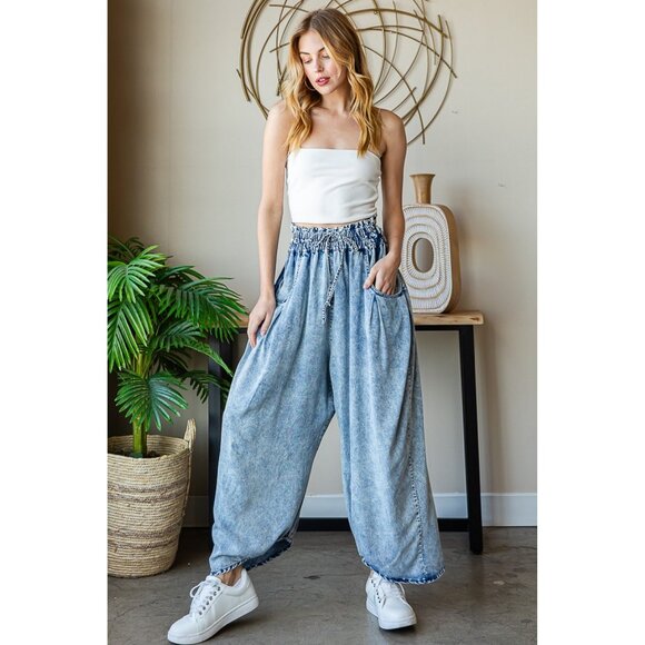 Oli & Hali Blue Washed Tencel Baggy Jogger Pants - Picture 1 of 5